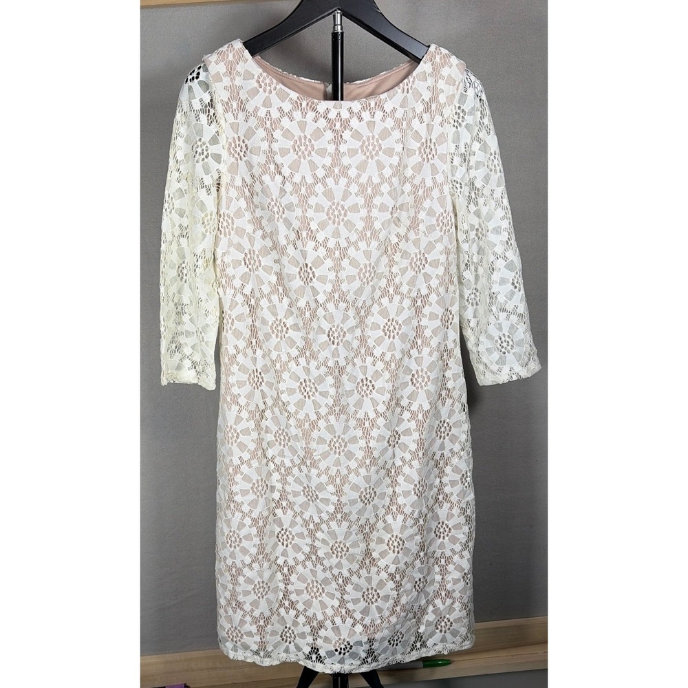 Eliza J Womens‎ Off White Floral Lace Sheath Dress Tan Lining 3/4 Sleeve Size 2